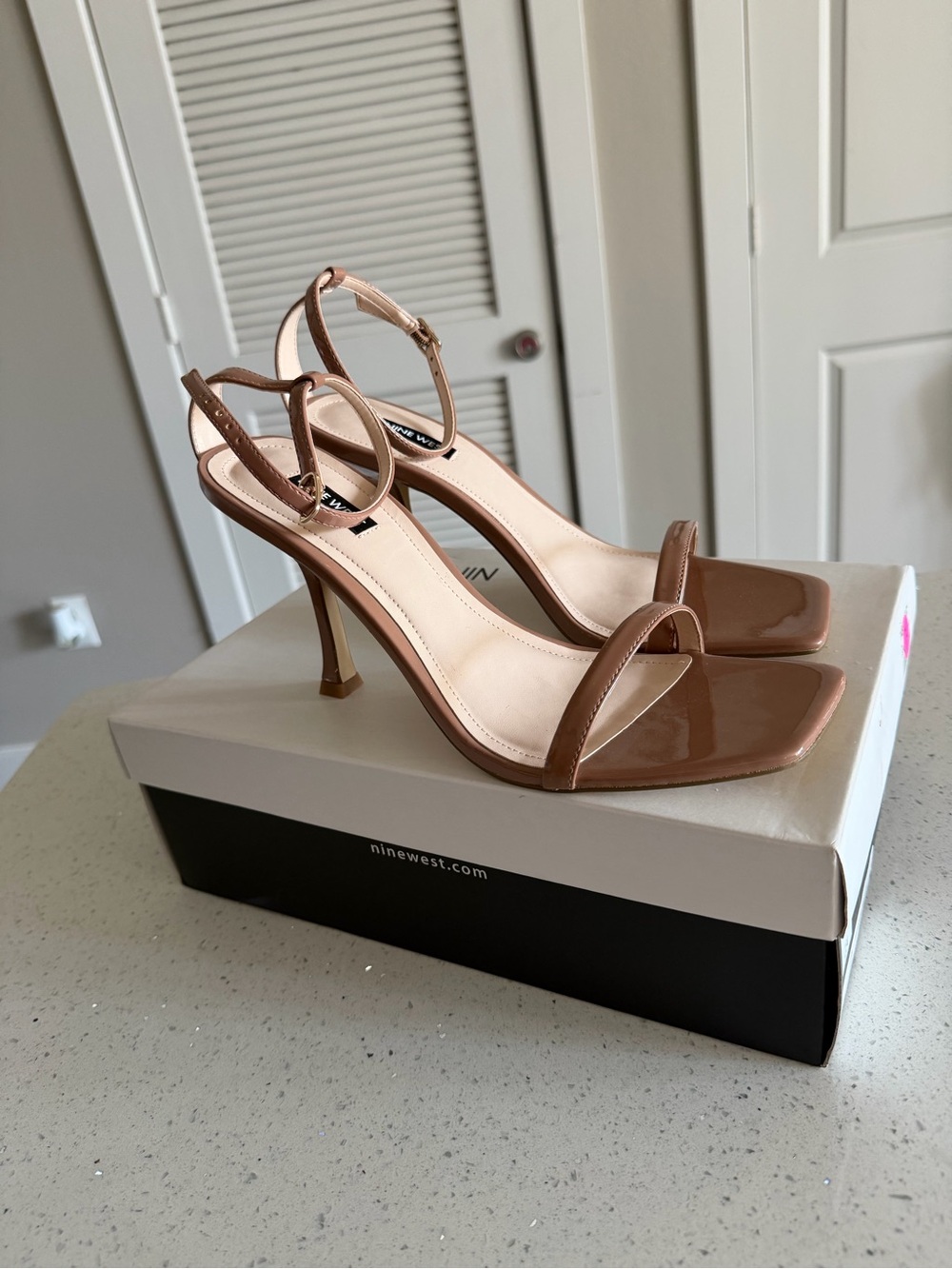New Nine West Women's Brown Patent Square-Toe Stiletto Sandals - Size 10